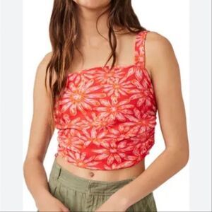 NWT Free People Red Floral Square Neck Wide Strap Cropped Tank Top